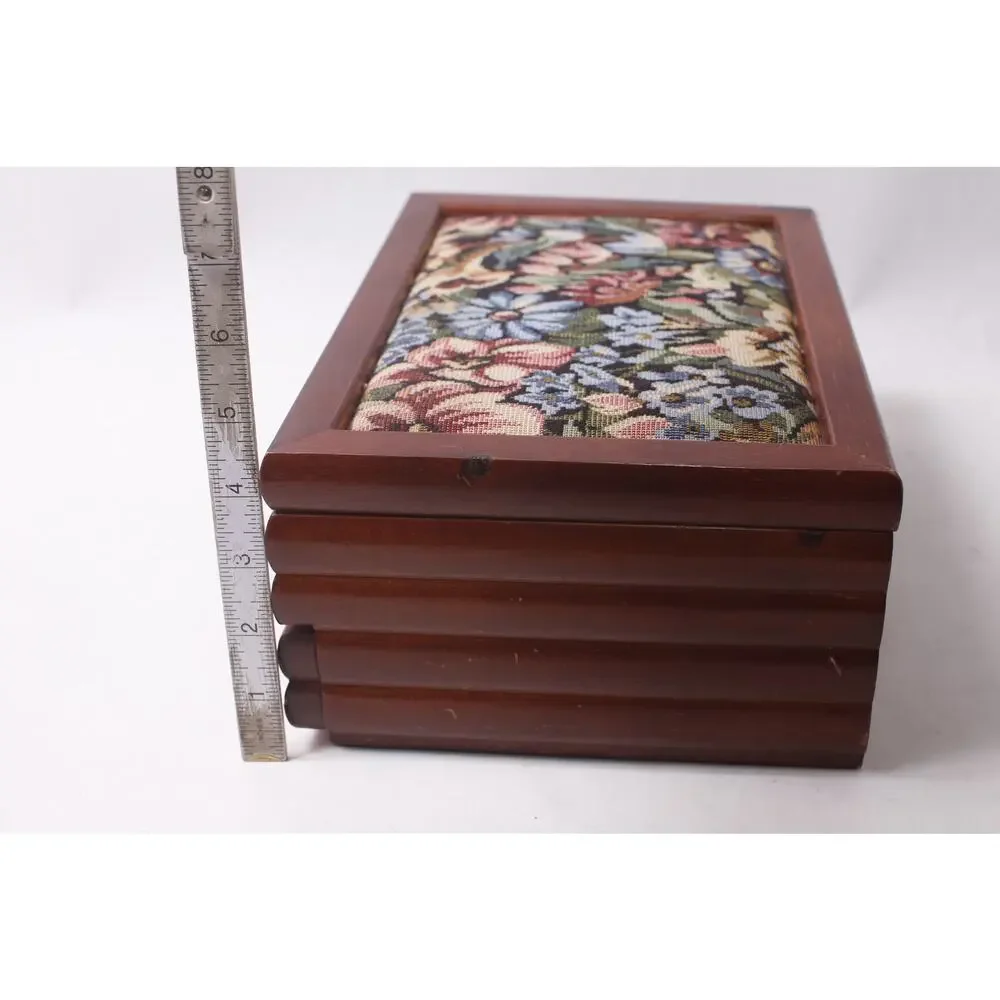1990s Floral Vintage Wooden Jewelry Box with Drawer and Hangers and Tapestry To